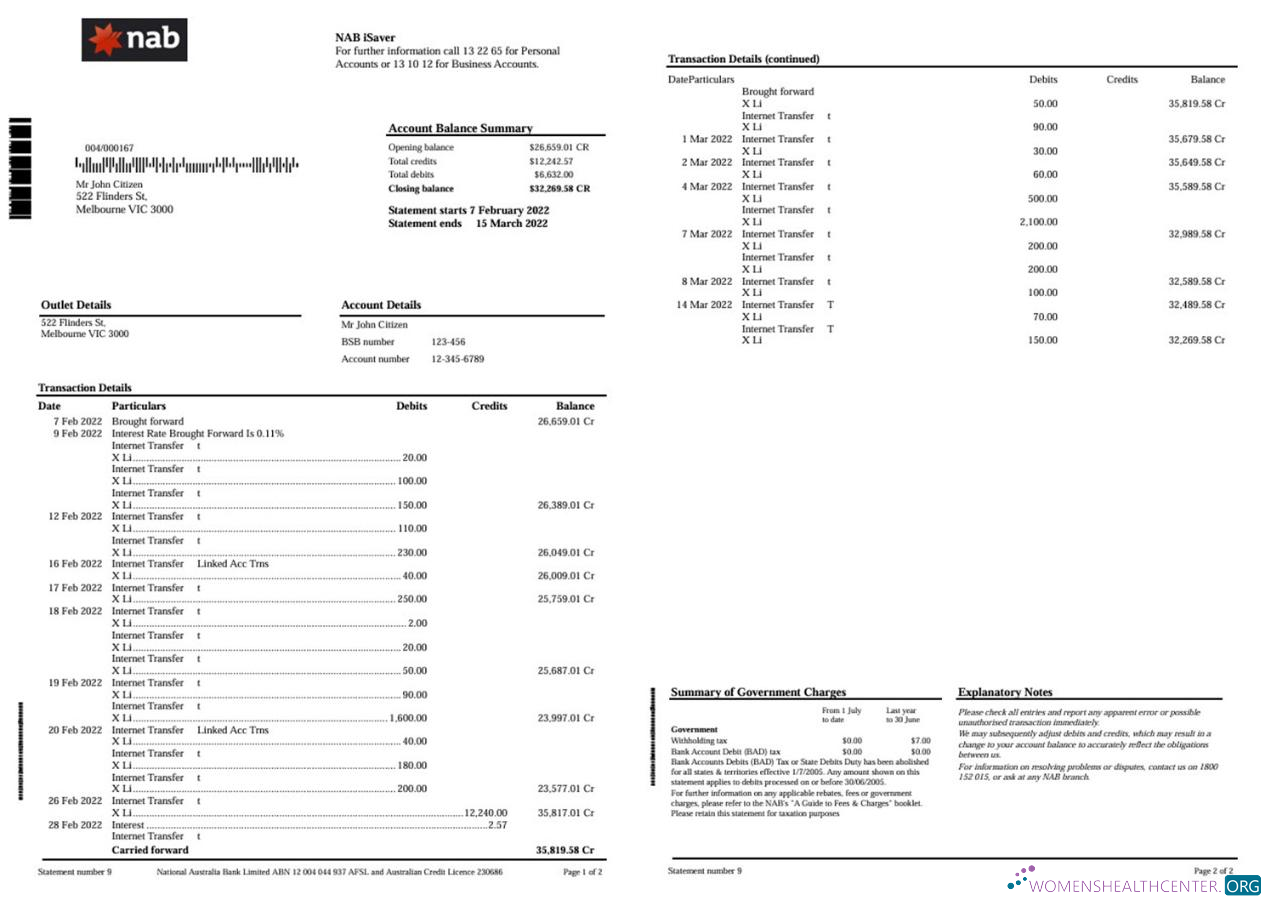 Download Australia NAB bank statement 2 pages word